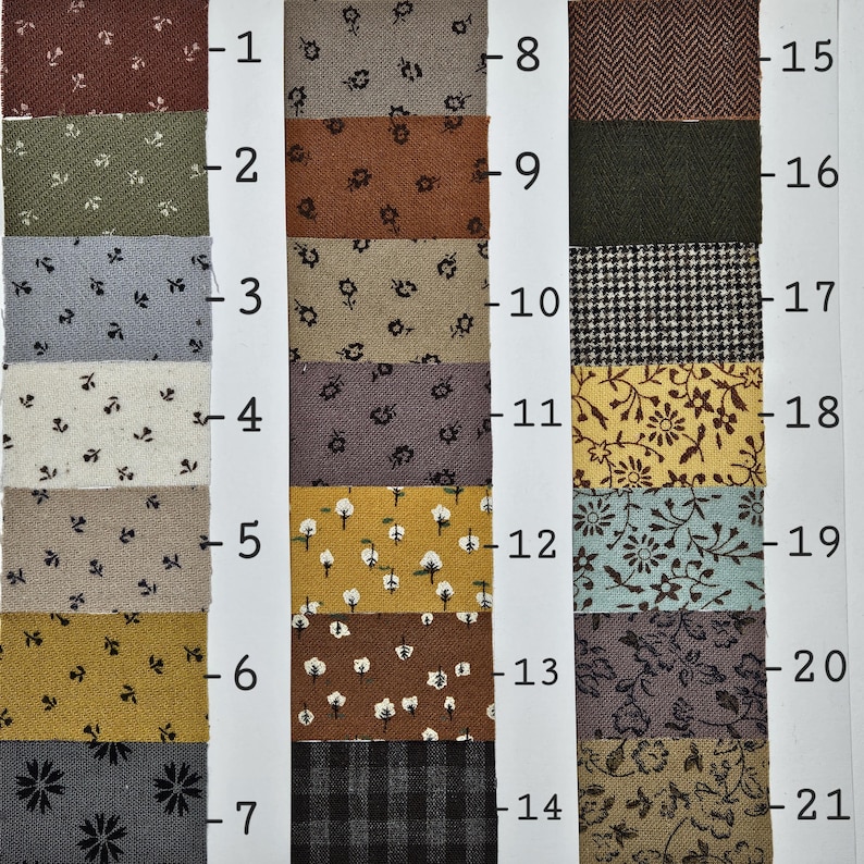 May include: A fabric swatch chart featuring twenty-one numbered samples arranged in three columns. The collection includes various patterns such as floral prints, herringbone, houndstooth, and plaid in colors like brown, olive, blue, yellow, and gray.