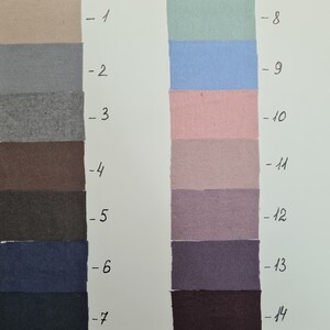 May include: A colour chart featuring fourteen rectangular fabric swatches arranged in two vertical columns. The swatches display a range of colours including beige, grey, brown, navy, sage green, light blue, pink, mauve, and dark purple, labelled 1-14.