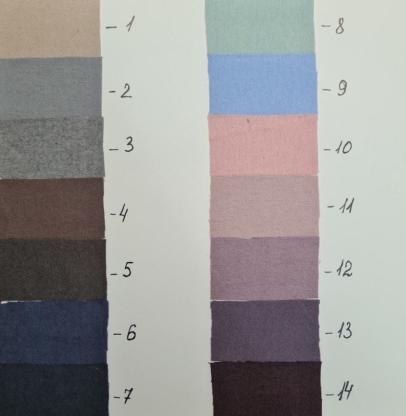 May include: A colour chart featuring fourteen rectangular fabric swatches arranged in two vertical columns. The swatches display a range of colours including beige, grey, brown, navy, sage green, light blue, pink, mauve, and dark purple, labelled 1-14.