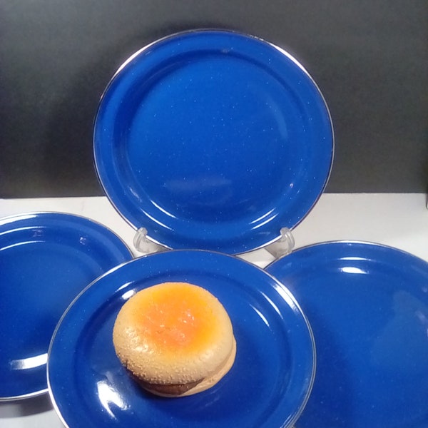 4 Blue granite ware blue dinner plates