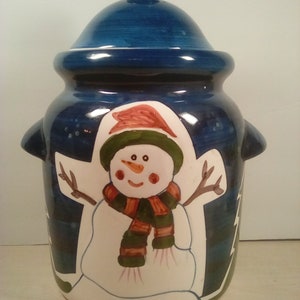 Blue Ceramic snowman Christmas Cookie Jar