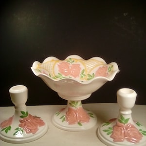 Ceramic pedestal bowl and matching candle stick holders