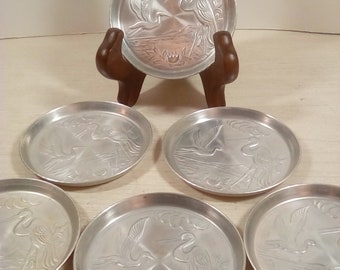 6 vintage aluminum crane Bird coasters
