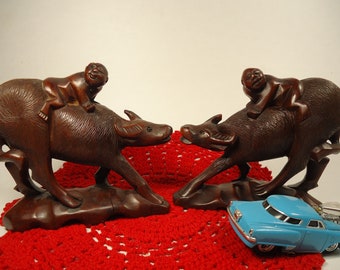 Set of 2 Hand carved wooden water Buffalo