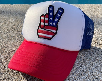 LOVE Red White And Blue USA Holidays Trucker Hat Peace Sign With Beads New MO RAGZ Red, White and Blue Foam Trucker Hat - MoRagz.com main image 4
