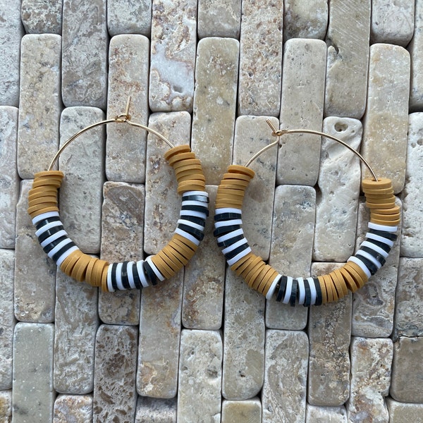 Charcoal and Mustard yellow Striped Clay bead hoop earrings