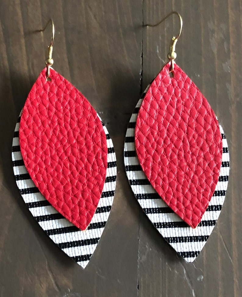 Red and Black and White Striped Layered Faux Leather Earrings