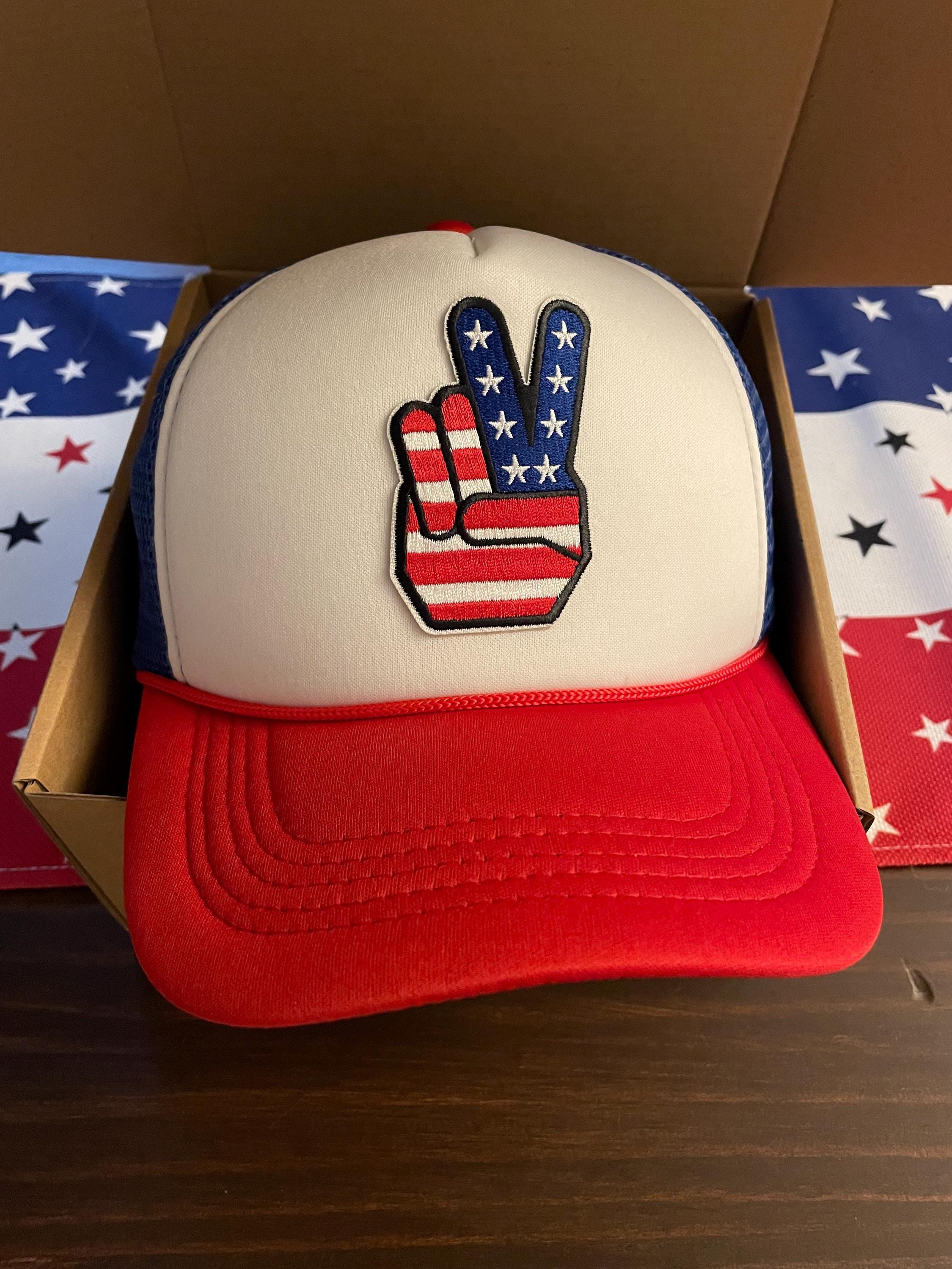 LOVE Red White And Blue USA Holidays Trucker Hat Peace Sign With Beads New MO RAGZ Red, White and Blue Foam Trucker Hat - MoRagz.com main image 3
