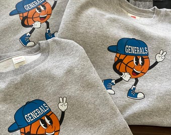 ANY SCHOOL MASCOT- KIDSBasketball character crewneck sweatshirt or tshirt