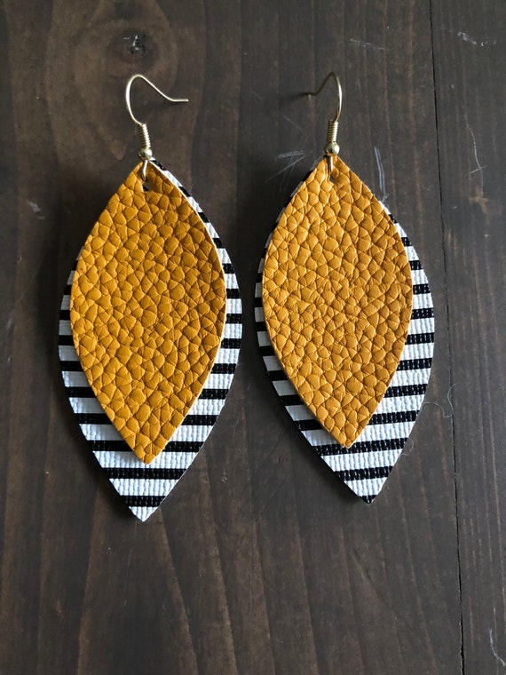 Mustard Yellow with Black and White Striped Layered Faux Leather Leaf Earring