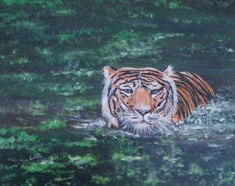 Tiger Painting, Jungle Cat, Animal, Original Art, Tiger Art,  Acrylic, Tiger in Water, Wall Art, Michael, Art Decor