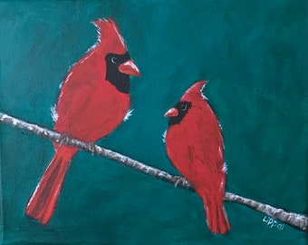 Cardinal Painting, Bird Painting, Mother and Child, Bird Art, Cardinal Art, Red Bird, Animal, Original Art, Acrylic, Wall Art, Art Decor