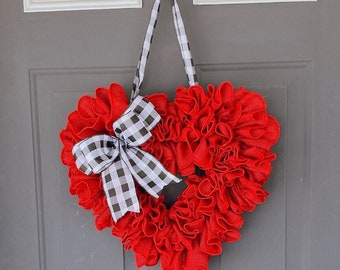 Valentines Wreath, Burlap Heart Wreath, Valentine Door Decor, Front Door Decor, Red Burlap Heart Wreath,  Wreath with Burlap Bow