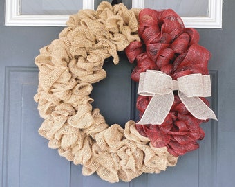 Burlap wreath with burgundy-wine accent, Front Door Wreath, All Purpose Wreath, All Season Wreath Mesh Wreath