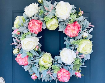 Summer Peony Door Wreath, Pink and white Summer peony lambs Ear Wreath, Mantle Decor, Gift for Mom, Colorful farmhouse wreath, chic wreath