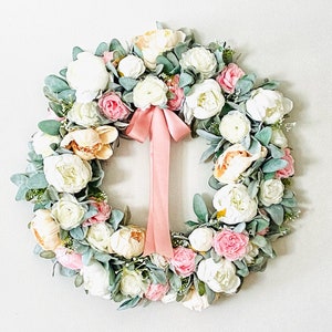 Spring Peony Door Wreath, Pink and white Summer peony lambs Ear Wreath, Mantle Decor, Gift for Mom, Above the Bed Decor, farmhouse wreath