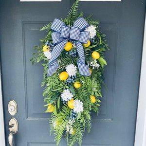 Yellow Lemon Blueberry and Fern Swag, Lemon Wreath for Summer, Blue and White Door Decor, Large Spring Wreath with Bow, Fern Door Swag