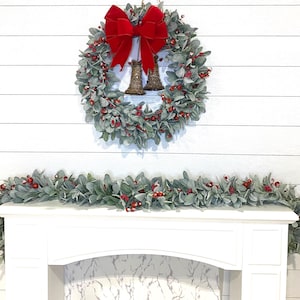Artificial Winter Garland With Red Berries, Christmas Garland for Mantel, Holiday Garland for Stairs, Lambs Ear Christmas Garland