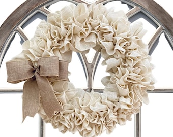 Burlap Wreath, Farmhouse Wreath, White Burlap Wreath with Bow, Big Bow Wreath, Rustic Year Round Wreath, Gift for Mom, Front Door Wreath