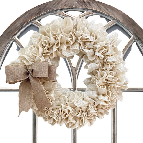 Burlap Wreath, Farmhouse Wreath, White Burlap Wreath with Bow, Big Bow Wreath, Rustic Year Round Wreath, Gift for Mom, Front Door Wreath