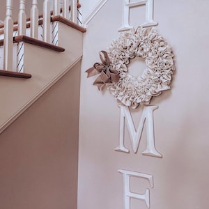 Burlap Wreath, Farmhouse Wreath, White Burlap Wreath with Bow, Big Bow Wreath, Rustic Year Round Wreath, Gift for Mom, Front Door Wreath image 2