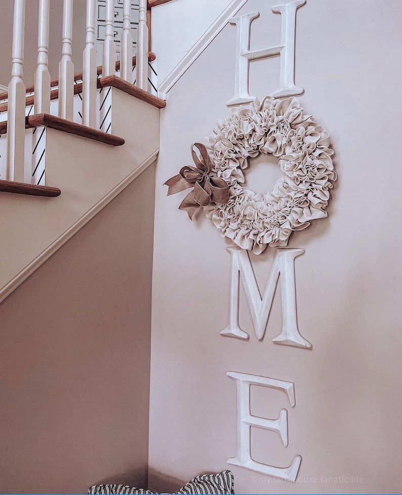 Burlap Wreath, Farmhouse Wreath, White Burlap Wreath with Bow, Big Bow Wreath, Rustic Year Round Wreath, Gift for Mom, Front Door Wreath image 2