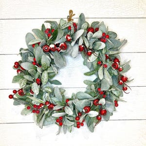 Christmas Lambs Ear with Red Berries  Wreath for Front Door, Winter Farmhouse Mistletoe Wreath,  Small Winter wreath, Christmas Door Wreath