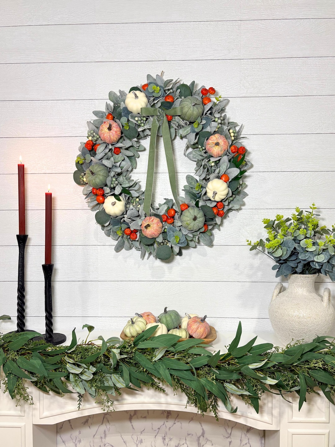 Burnt Orange Fall Pumpkin & Lambs Ear Wreath With Berries: Fall Foliage ...
