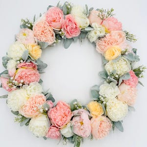 Pink Spring Peony and ranunculus Front Door Wreath, Pink and white peony lambs Ear Wreath, unique gift for mom, gift for her, Mother’s Day
