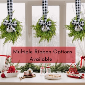 Christmas Mini Cabinet Wreath with Ribbon, Mini Cedar Cabinet Wreath, Cabinet Wreath with Buffalo Plaid Bow, Farmhouse Thanksgiving Decor