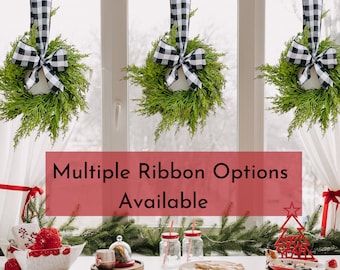 Christmas Mini Cabinet Wreath with Ribbon, Mini Cedar Cabinet Wreath, Cabinet Wreath with Buffalo Plaid Bow, Farmhouse Thanksgiving Decor