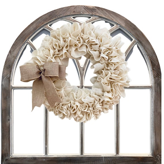 Burlap Wreath, Farmhouse Wreath, White Burlap Wreath with Bow, Big Bow Wreath, Rustic Year Round Wreath, Gift for Mom, Front Door Wreath