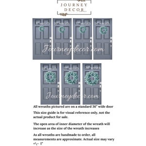 May include: A visual guide showing different sized wreaths on a standard 36-inch wide door. The wreaths are shown in various sizes, from 8 inches to 24 inches in diameter. The text "Journeydecor.com" is displayed on the image.