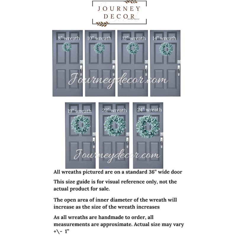 May include: A visual guide showing different sized wreaths on a standard 36-inch wide door. The wreaths are shown in various sizes, from 8 inches to 24 inches in diameter. The text "Journeydecor.com" is displayed on the image.