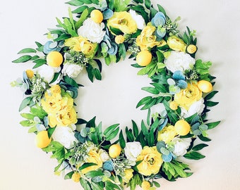 Lemon Wreath, Yellow and white Summer Spring Door Wreath, Lemon Farmhouse Wreath, Bright fruit Wreath, Country Window Wreath, Gift for Mom