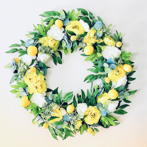 Lemon Wreath, Yellow and white Summer Spring Door Wreath, Lemon Farmhouse Wreath, Bright fruit Wreath, Country Window Wreath, Gift for Mom