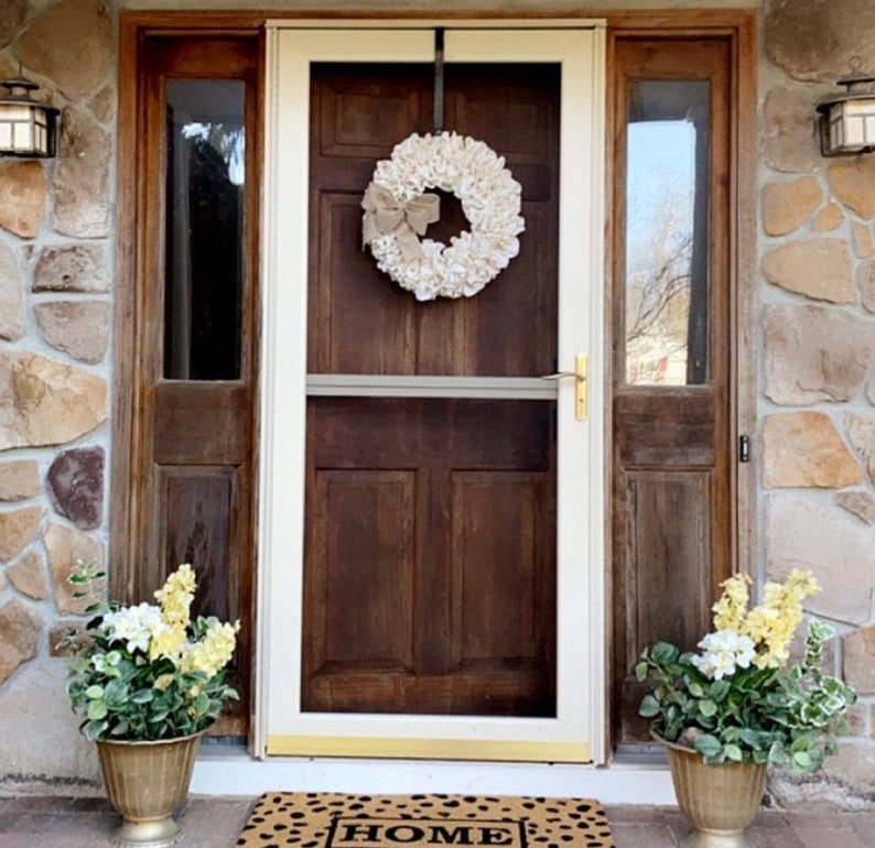 Burlap Wreath, Farmhouse Wreath, White Burlap Wreath with Bow, Big Bow Wreath, Rustic Year Round Wreath, Gift for Mom, Front Door Wreath image 2