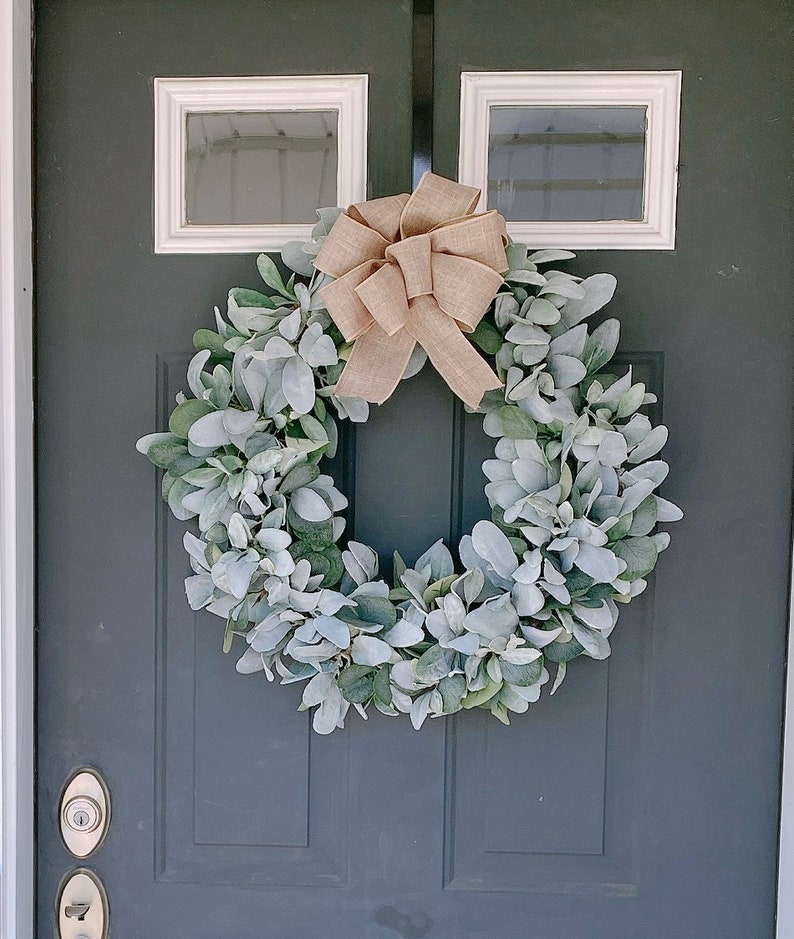 Neutral Farmhouse Wreath, Eucalyptus Lambs Ear Wreath, Gift for Mom, Year Round Wreath, Front Door Wreath, Spring Wreath, double door wreath image 1