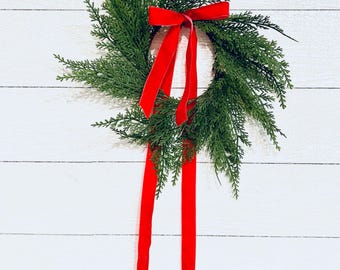 Mini Christmas Wreath: Red Cedar & Velvet Ribbon Farmhouse Decor