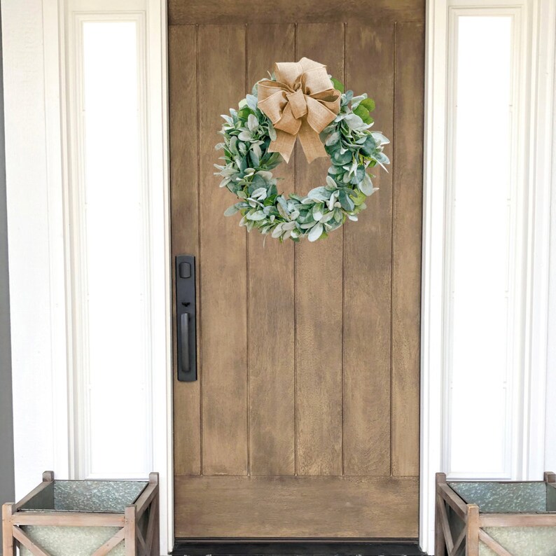 Neutral Farmhouse Wreath, Eucalyptus Lambs Ear Wreath, Gift for Mom, Year Round Wreath, Front Door Wreath, Spring Wreath, double door wreath image 2