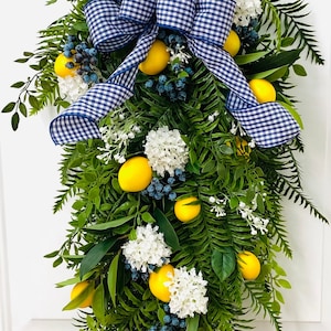 Lemon Summer Swag: Handmade Blueberry Fern Wreath with Blue White Bow