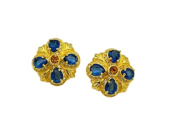 Nolan Miller Gold Maltese Cross Blue Crystal Vintage Pierced Designer Earrings