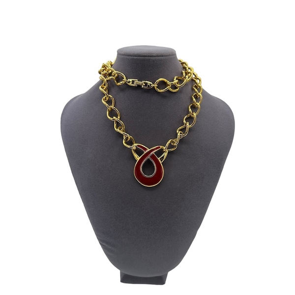 Napier Vintage Jewelry Long Gold Chain Red Enamel Pendant