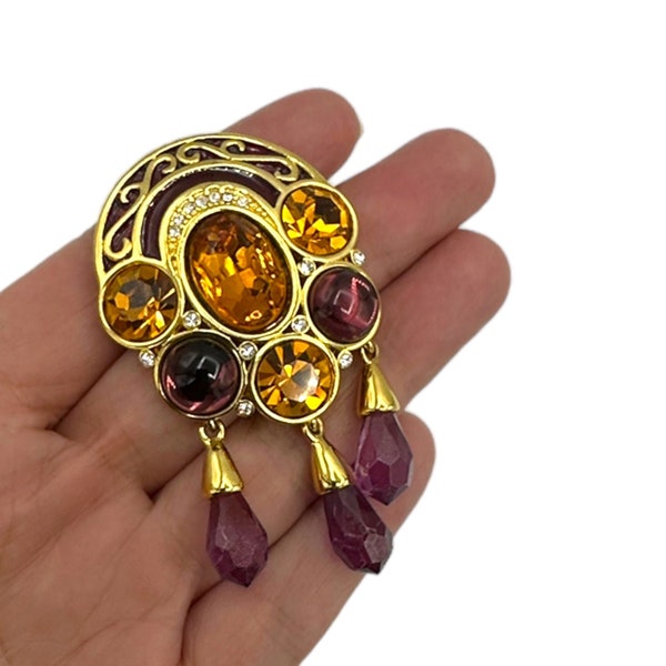 Princess Michaela Von Habsburg MVH Crown Jewel Purple & Citrine Orange Rhinestone Dangle Brooch