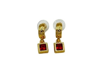 Gold Swarovski Etruscan Red Dangle Crystal Pierced Hoop Earrings