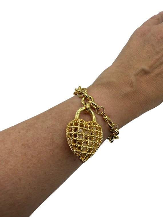Gold Caged Pearl Heart Charm Bracelet & Clip-on E… - image 3