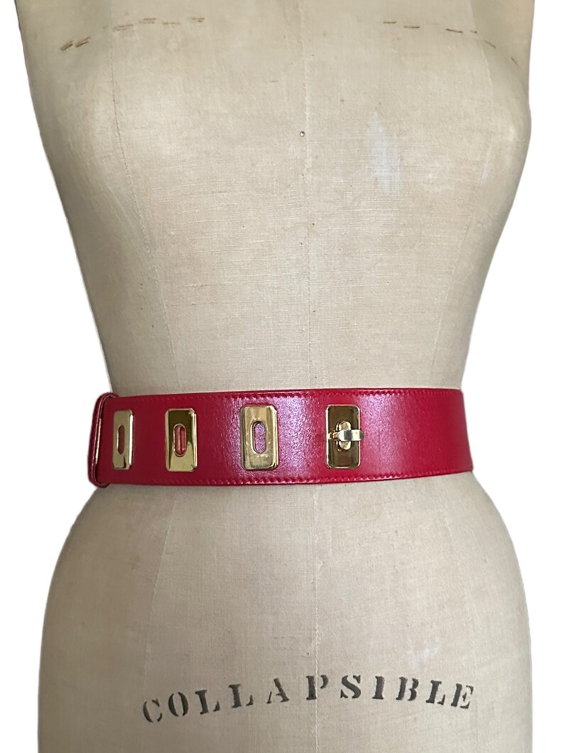 Escada Wide Red Leather Belt Gold Turnkey Closure M/L Italian Leather ...