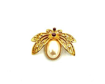 Avon Gold Filigree Bee Brooch with Large Pearl Vintage Pin