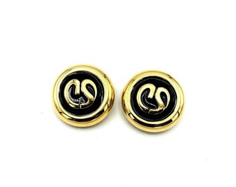 St John Signed Gold Black Enamel Logo Clip On Earrings