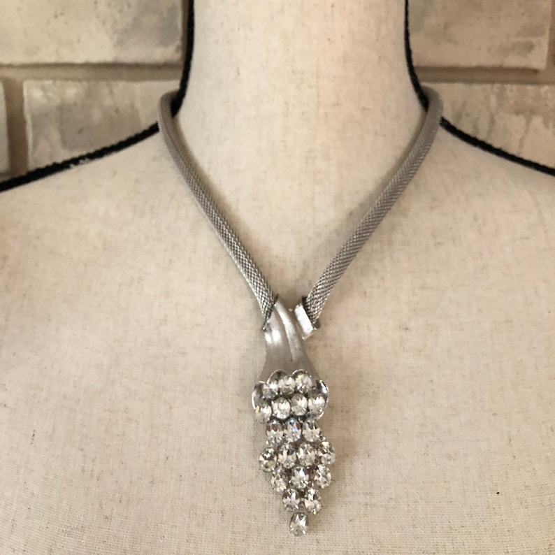 Mid-Century Necklace Large Oval Rhinestones Designer Quality Statement Earrings Vintage Silver Mesh Rhinestone Waterfall Jewelry Set